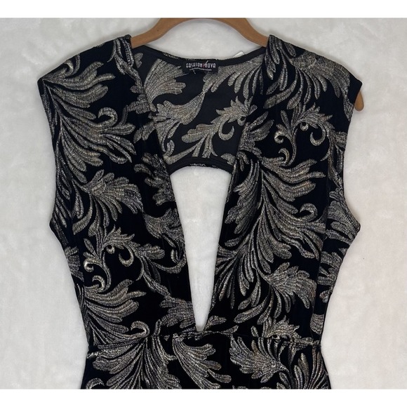 Fashion Nova Black Gold Embroidered Bodycon Midi Dress Plunge Neck Size L - Picture 3 of 10